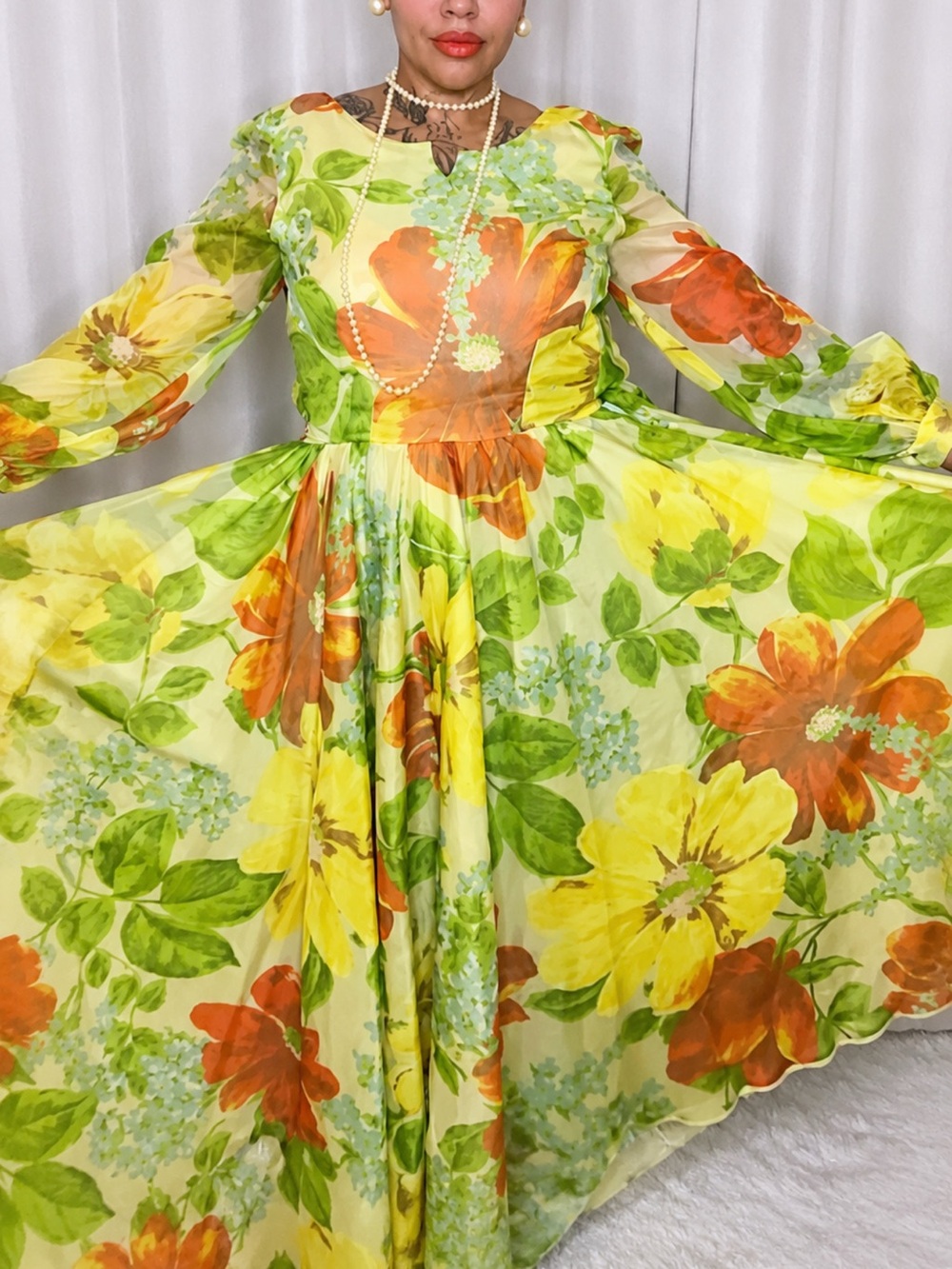 Vintage 1970s Floral Chiffon Maxi Dress Sheer Sleeves Hostess Gown